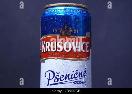 Tyumen, Russia-November 02, 2020: Krusovice logo close up of non alcoholic beer. lager beer with a rather happy aroma. Stock Photo