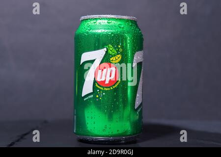 Tyumen, Russia-November 02, 2020: 7 UP can logo close-up. This refreshment drink produce Pepsi company. Stock Photo