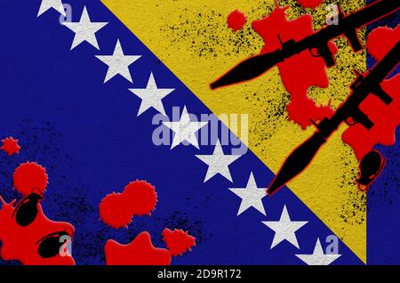 Bosnia and Herzegovina flag and rocket launchers with grenades in blood. Concept for terror attack and military operations. Gun trafficking Stock Photo
