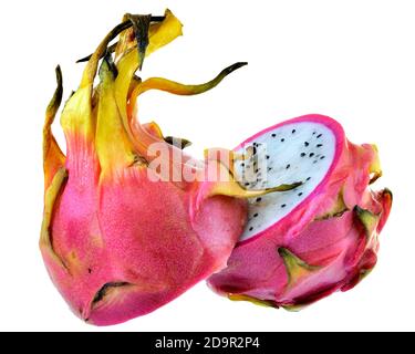 Fresh dragon fruit cut in half isolated on a white background. Stock Photo