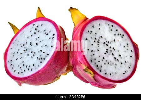 Fresh dragon fruit cut in half isolated on a white background. Stock Photo