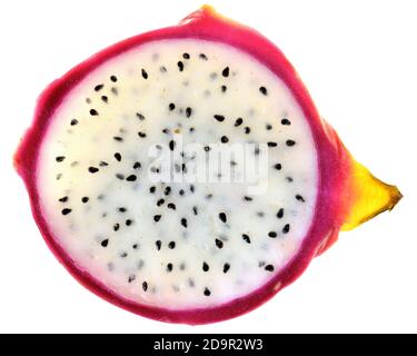 Sliced ​​dragon fruit close-up top view isolated on a white background. Stock Photo