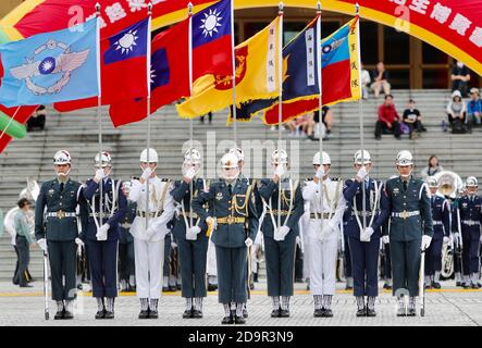 Tri-service honour (honor)guards perform during an event promoting patriotic education and recruiting new members for military organisations and institutes, at the landmark Liberty Square, in Taipei City, Taiwan, on 7 November 2020. The honour guards are comprised of members of the Air Force, Navy and the Army. (Ceng Shou Yi/ Credit: Sipa USA/Alamy Live News Stock Photo