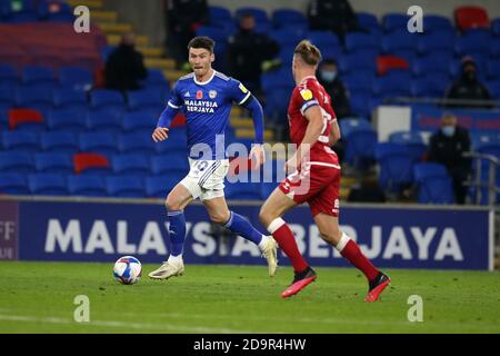 Cardiff, UK. 06th Nov, 2020. Kieffer Moore of Cardiff City in action. EFL Skybet championship match, Cardiff city v Bristol City at the Cardiff City Stadium in Cardiff, Wales on Friday 6th November 2020. this image may only be used for Editorial purposes. Editorial use only, license required for commercial use. No use in betting, games or a single club/league/player publications. pic by Andrew Orchard/Andrew Orchard sports photography/Alamy Live news Credit: Andrew Orchard sports photography/Alamy Live News Stock Photo