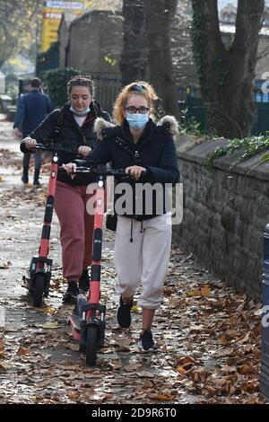 Bristol, UK. 7th Nov, 2020. Streets of Bristol are 0n trial of a launch of e-scooter, images show people on them in and around Whiteladies Road and the Triangle. Picture Credit: Robert Timoney/Alamy Live News Stock Photo