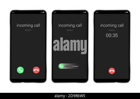 Mockup incoming call, smartphone interface vector template. Flat UI, UX for application. New Call screen template. Web app display template. Stock Vector