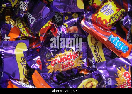Close-up of the variety of chocolates from a box of Cadbury's Heroes