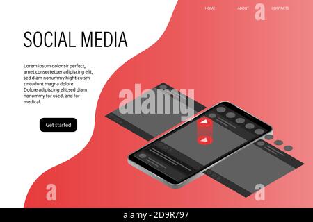 Social media website landing page with phone in isometric. Design template banner mobile application. Stock Vector
