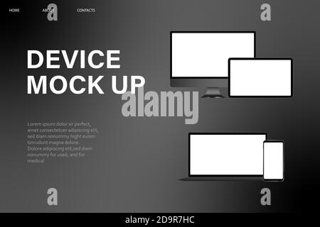 Realistic set of devices mockups with monitor, laptop, tablet, smartphone. dark mode. vector. Stock Vector