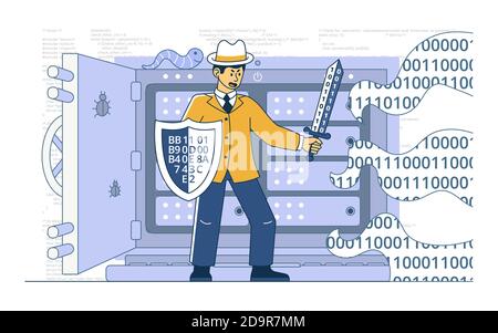 White hacker protects the information system from hacker's attack Stock Vector