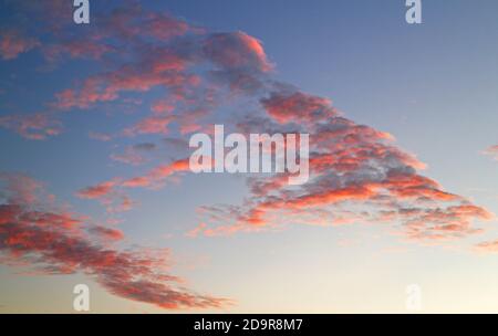 Altocumulus clouds with reflected sun at sunset with pastel red colouring over Hellesdon, Norfolk, England, United Kingdom. Stock Photo