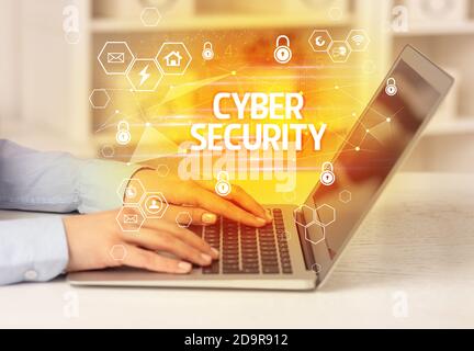 CYBER SECURITY inscription on laptop, internet security and data protection concept, blockchain and cybersecurity Stock Photo