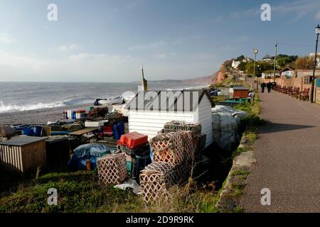 Small scale fishing gear on the beach at Budleigh Salterton, Devon, UK Stock Photo