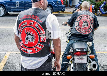 Miami Beach Florida,Ocean Drive,Legion of Doom motorcycle gang group Brooklyn New York,member wears wearing vest, Stock Photo