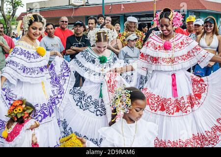 Miami Florida,Little Havana,Calle Ocho Festival annual event,Hispanic Black girls performers perform wearing Panama national clothing costumes dancers Stock Photo