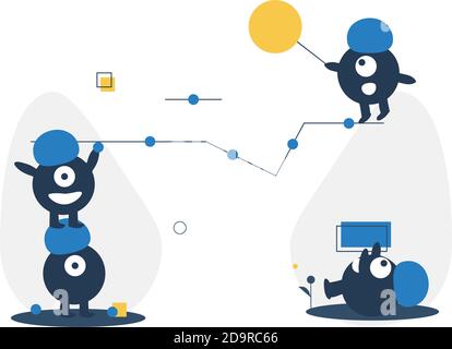 Tiny cute robots working together Stock Vector