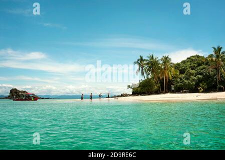 A group of scuba divers arriving to the paradisiacal Coiba island (Parque Nacional de Isla Coiba) Panama, Central America. Oct 2018 Stock Photo