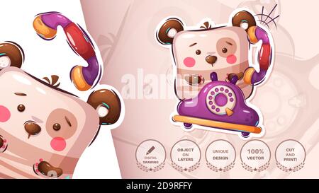 Teddy bear calls on the old phone - cute sticker Stock Vector