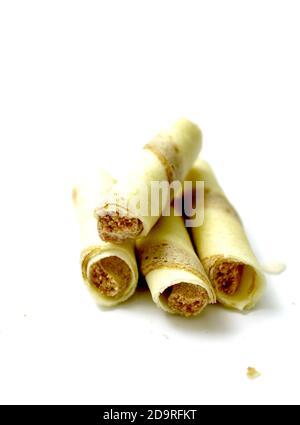 waffle rolls,on white background sweet food concept Stock Photo