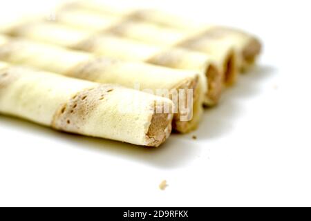 waffle rolls,on white background sweet food concept Stock Photo
