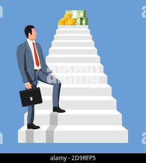Businessman climbs up ladder to money. Goal setting. Smart goal. Business target. Achievement and success. Concept of success career growth. Achievement and goal. Flat vector illustration Stock Vector