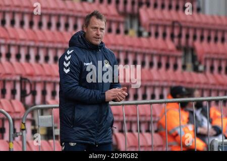 Birkenhead, UK. 07th Nov, 2020. Michael Flynn, the manager of Newport county applauds after their 1st goal. The Emirates FA Cup, 1st round match, Leyton Orient v Newport County at the Breyer Group Stadium in Leyton, London on Saturday 7th November 2020. this image may only be used for Editorial purposes. Editorial use only, license required for commercial use. No use in betting, games or a single club/league/player publications.pic by Credit: Andrew Orchard sports photography/Alamy Live News Stock Photo