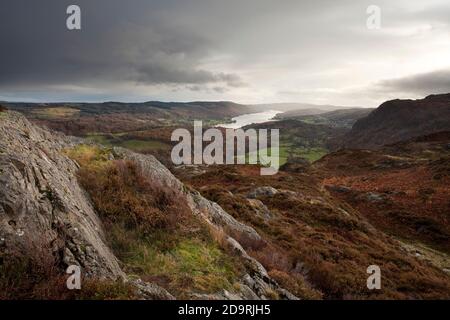 Coniston Water from a crag on Holme Fell, in the English Lake District, UK Stock Photo