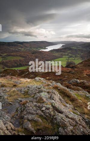 Coniston Water from a crag on Holme Fell, in the English Lake District, UK Stock Photo