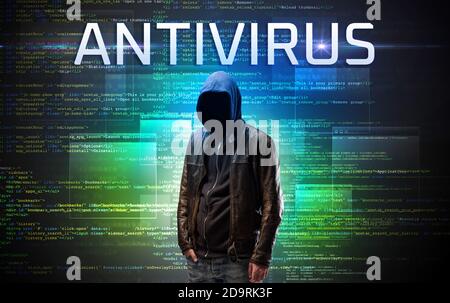 Faceless hacker with ANTIVIRUS inscription on a binary code background