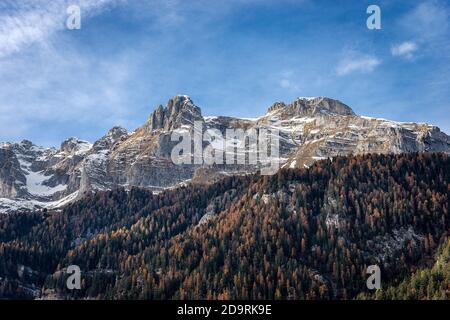 Brenta Dolomites (Dolomiti di Brenta) in winter, East side, seen from the Lake Tovel (Lago di Tovel). National Park of Adamello Brenta. Italy. Stock Photo