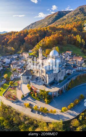 Aerial view of the Santuario della Madonna del Sangue in the town of Re. Re, Valle Vigezzo, val d'Ossola, Verbano Cusio Ossola, Piedmont, Italy. Stock Photo