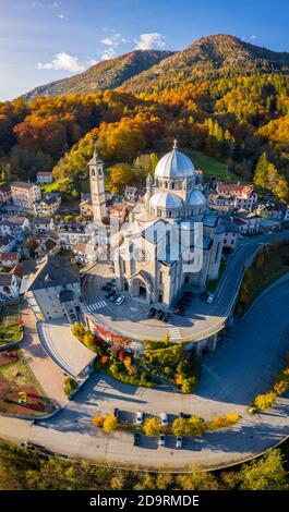 Aerial view of the Santuario della Madonna del Sangue in the town of Re. Re, Valle Vigezzo, val d'Ossola, Verbano Cusio Ossola, Piedmont, Italy. Stock Photo