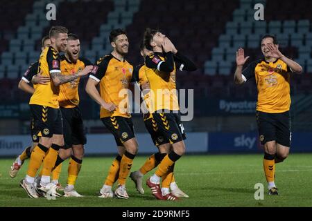 London, UK. 07th Nov, 2020. Jamie Devitt of Newport County (c) celebrates with his teammates after he scoreshis teams 2nd goal. The Emirates FA Cup, 1st round match, Leyton Orient v Newport County at the Breyer Group Stadium in Leyton, London on Saturday 7th November 2020. this image may only be used for Editorial purposes. Editorial use only, license required for commercial use. No use in betting, games or a single club/league/player publications.pic by Credit: Andrew Orchard sports photography/Alamy Live News Stock Photo