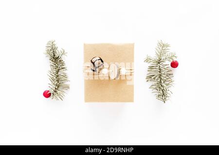 Christmas fir composition gift tree in retro style on white surface. Handmade DIY concept. Winter flatlay holiday background Stock Photo