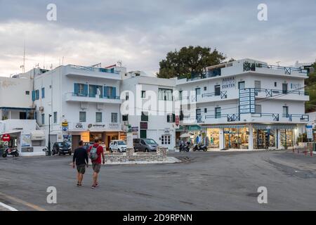 Chora, Ios Island, Greece- 19 September 2020: View of the center of the old port city. Restaurants and shops. Stock Photo