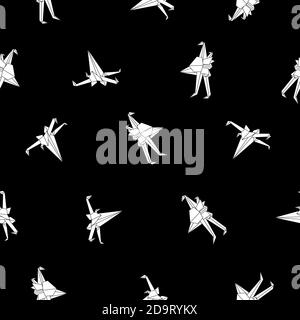 Seamless pattern of space fighters on black background. Paper origami spaceship ornament. Polygonal decor for fabrics, wallpaper and etc. Vector black and white cosmic illustration Stock Vector