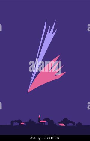 Neowise comet visible in the night sky over countryside, minimalist flat style illustration Stock Photo