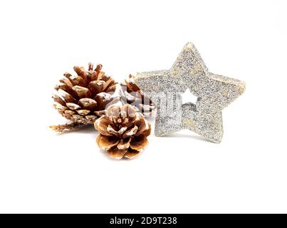 Poinsettia with pine cones Christmas decoration isolated on white background Stock Photo