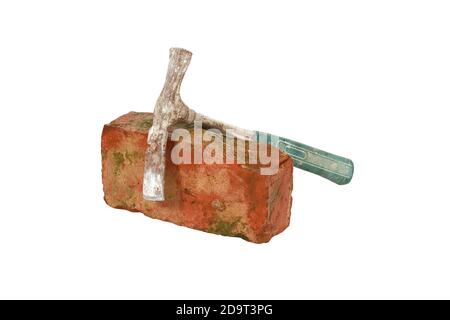 Closeup of an old grungy brick hammer laid on a red brick, isolated on white background Stock Photo