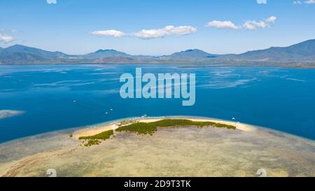 The island of white sand with mangroves. The sea landscape of Honda Bay, view from above. sand bar on coral reefs, Palawan, Philippines.Tropical island with forest on a coral reef, top view.