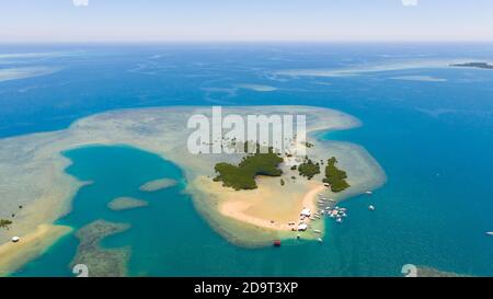 Starfish Island, Puerto Princesa, Palawan. Island hopping Tour at Honda Bay, Palawan. An island of white sand with mangroves. Atoll with a white island, view from above. Stock Photo