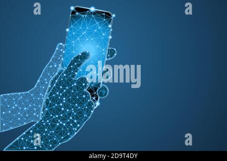 Smartphone in hands low poly wireframe and lights Stock Vector