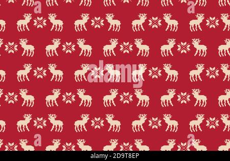 Seamless pattern of Christmas reindeer pixel art on a red background. Stock Vector