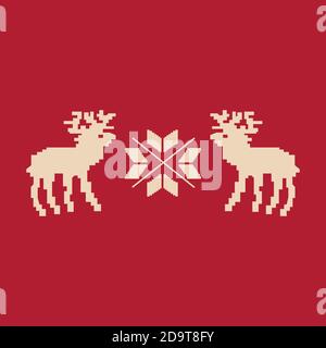 Christmas reindeer pixel art isolated on red background Stock Vector