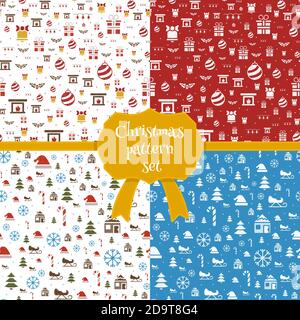 Set of christmas seamless patterns in cartoon style. Vector Christmas icons and templates. Doodle style Christmas cards. Stock Vector