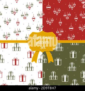 Set of christmas seamless patterns in cartoon style. Vector Christmas icons and templates. Doodle style Christmas cards. Christmas toys and gift boxes Stock Vector