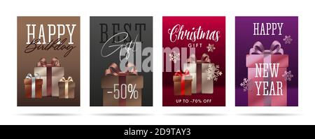 Merry Christmas and happy new year greeting card with white snowflakes and luxury gift boxes illustration, callighraphy congratulation Stock Vector