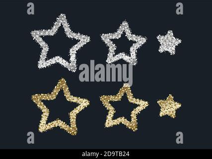 Set of shiny metal stars made of gold and silver cruumbs in different sizes, glitter sparkles, festive holiday graphic element Stock Vector