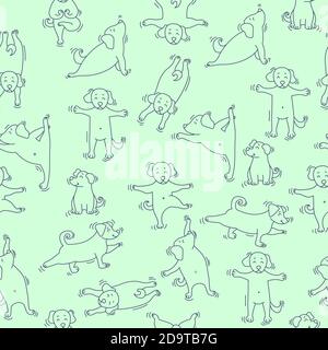 Seamless pattern. pets yoga. Dog yoga - cute puppies doing exercises and standing in asana. Vector line on a light green background Stock Vector