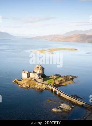 Eilean Donan castle aerial view from above at sunrise Stock Photo